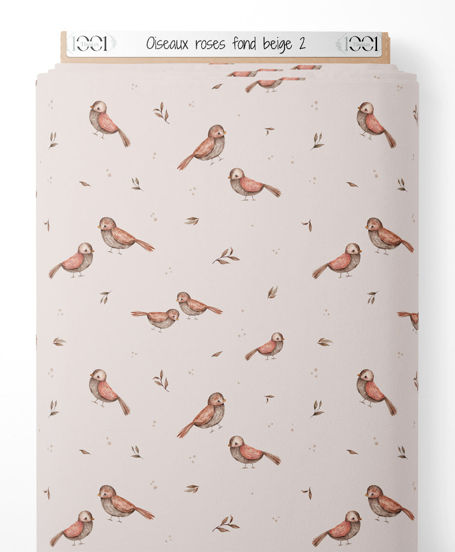 Tissu - Oiseaux roses sur fond beige 2