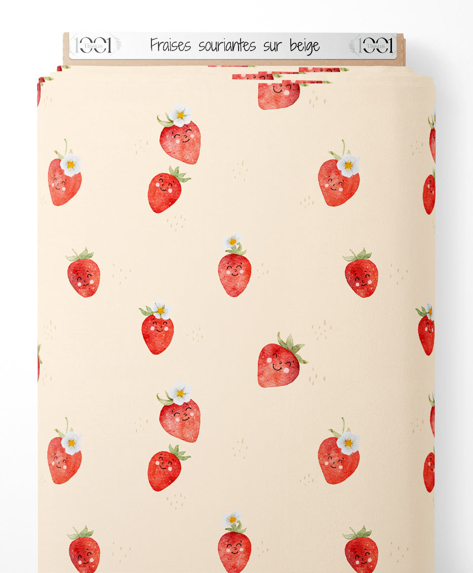 Tissu - Fraises souriantes sur beige