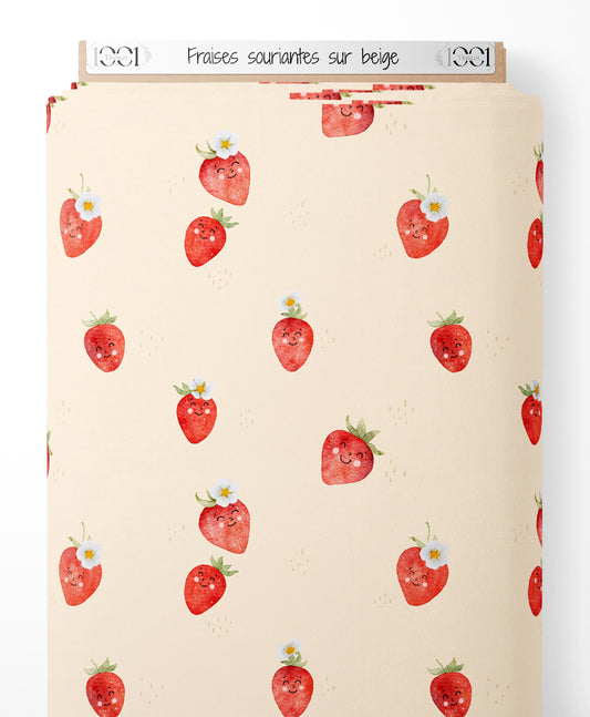 Tissu - Fraises souriantes sur beige