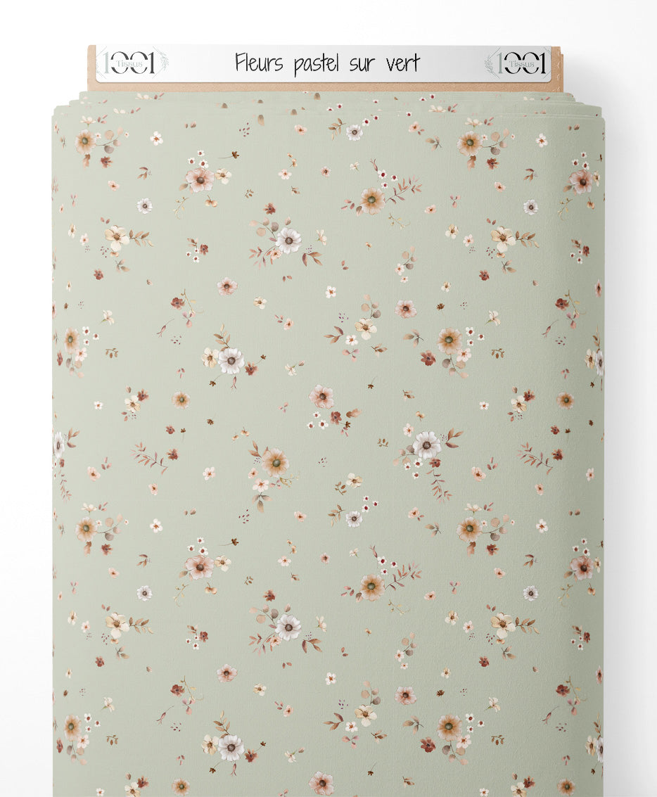 Tissu - Fleurs pastel sur vert
