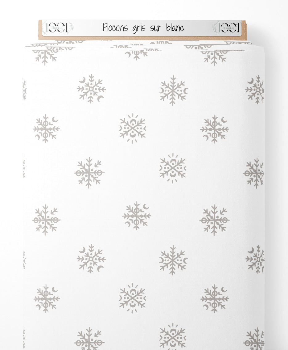 Tissu - Flocons gris sur blanc