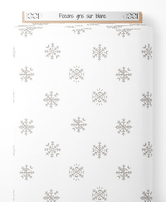 Tissu - Flocons gris sur blanc