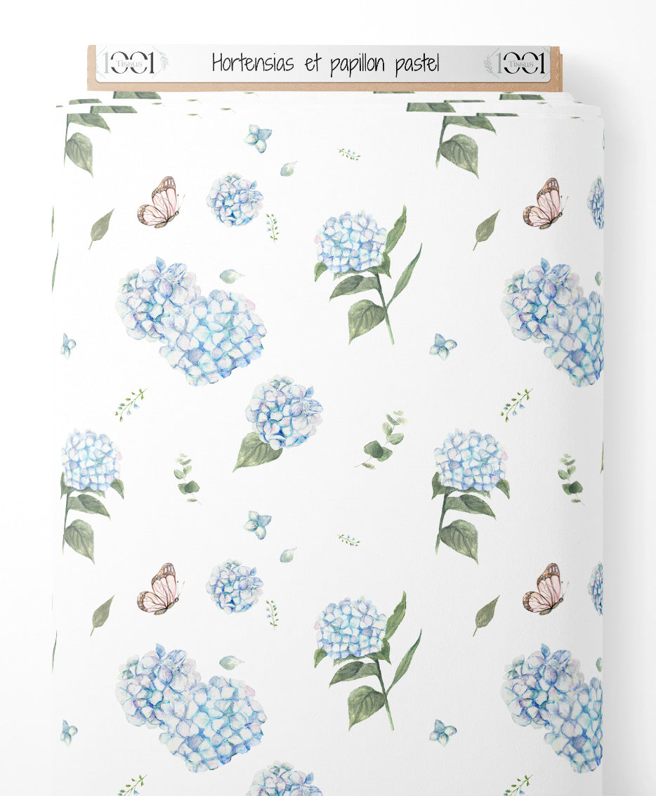 Tissu - Hortensias et papillon pastel