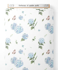 Tissu - Hortensias et papillon pastel