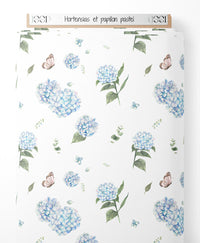Tissu - Hortensias et papillon pastel