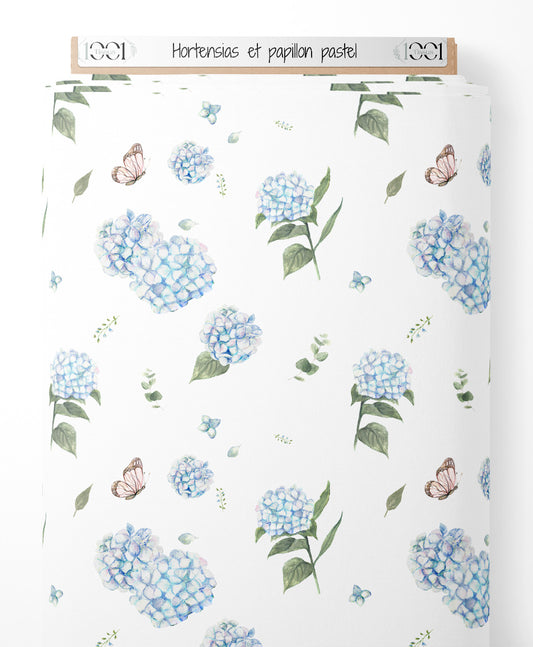 Tissu - Hortensias et papillon pastel