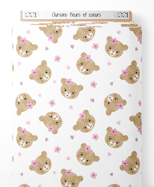 Tissu - Oursons fleurs et cœurs