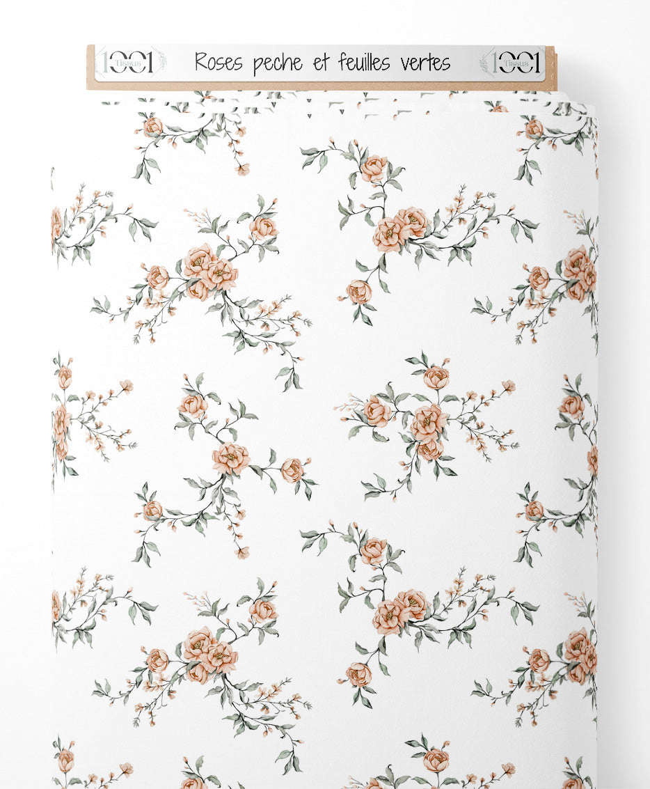 Tissu - Roses pêche et feuilles vertes