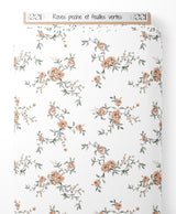 Tissu - Roses pêche et feuilles vertes