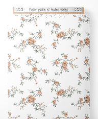Tissu - Roses pêche et feuilles vertes