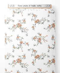 Tissu - Roses pêche et feuilles vertes