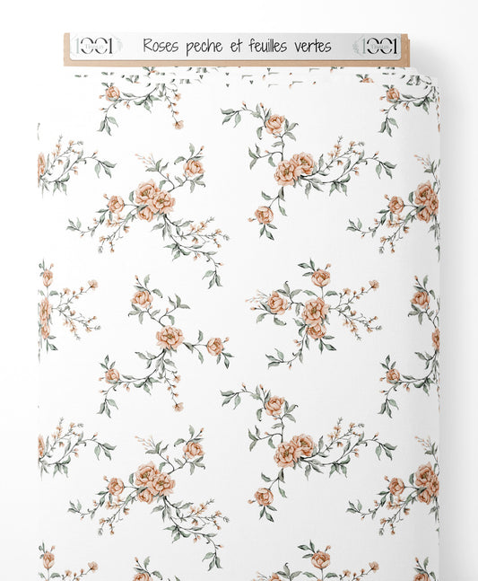 Tissu - Roses pêche et feuilles vertes
