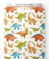Tissu - Dinosaures colorés et feuilles