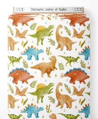 Tissu - Dinosaures colorés et feuilles