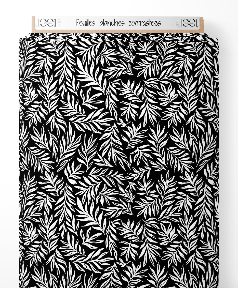 Tissu - Feuilles blanches contrastées