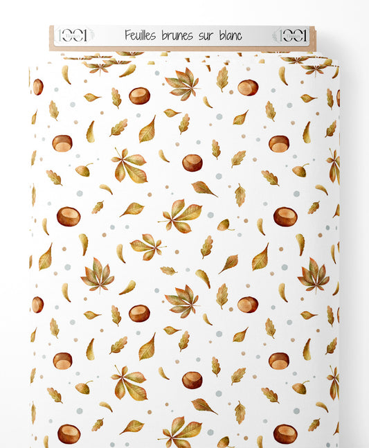 Tissu - Feuilles brunes sur blanc