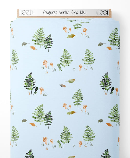 Tissu - Fougères vertes sur fond bleu