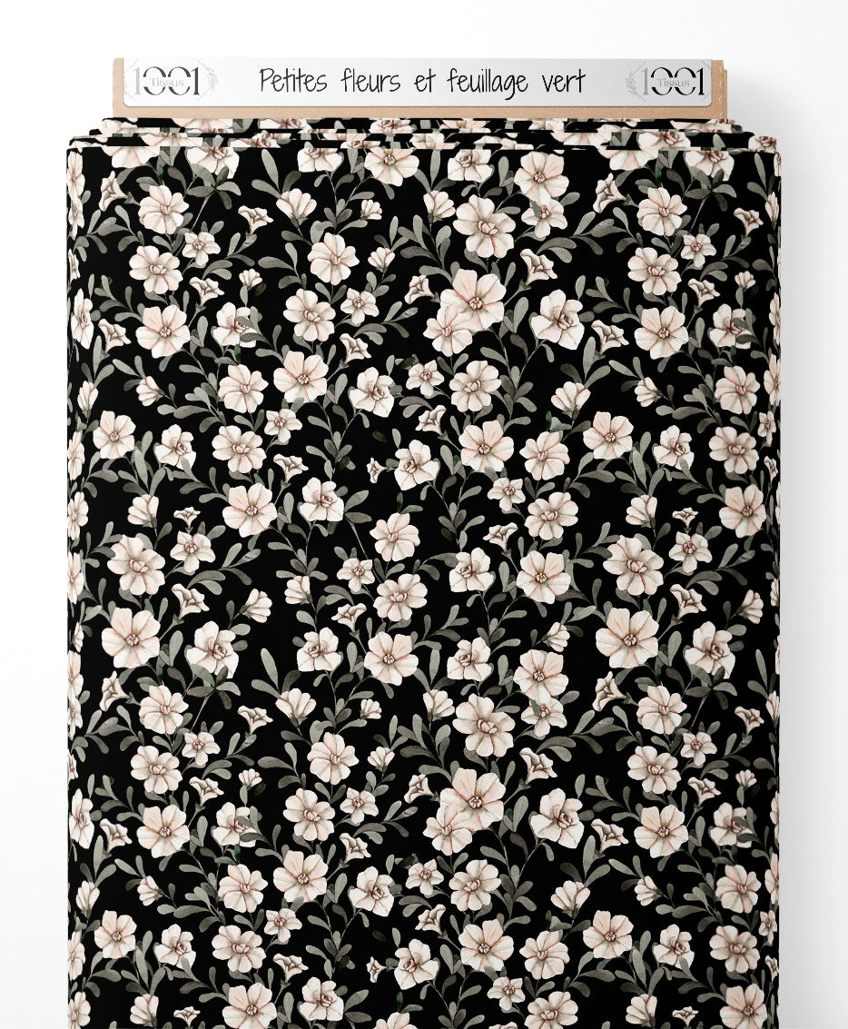 Tissu - Petites fleurs et feuillage vert