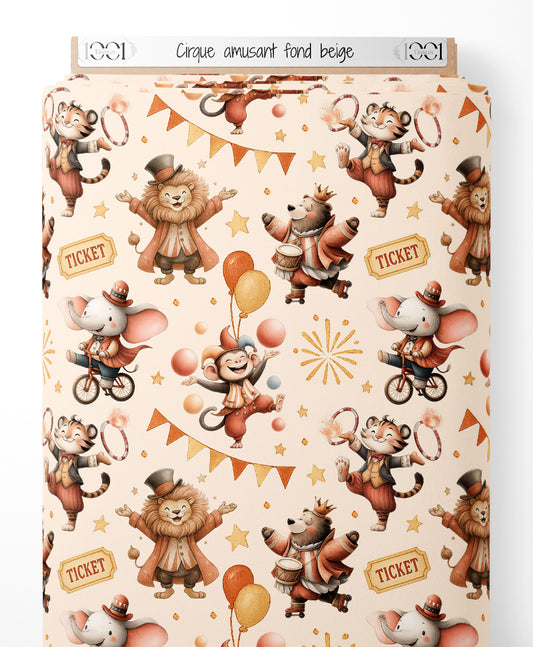 Tissu - Cirque amusant sur fond beige