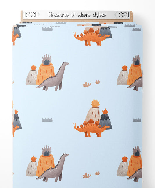 Tissu - Dinosaures et volcans stylisés