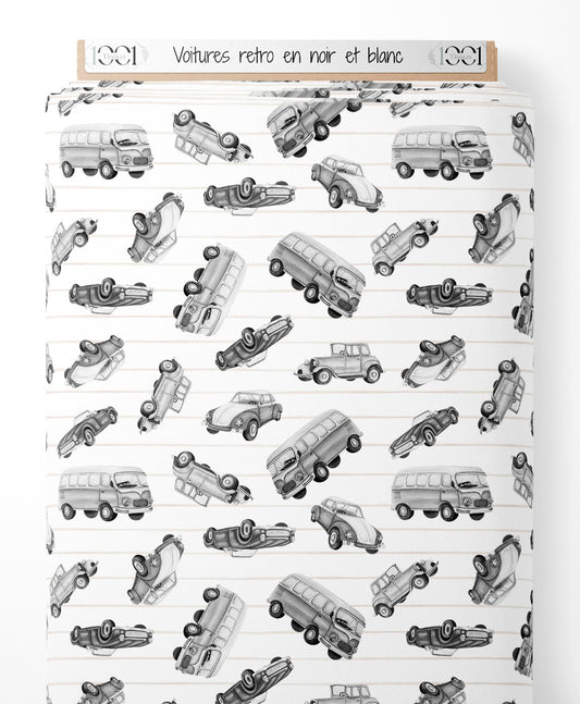 Tissu - Voitures rétro en noir et blanc