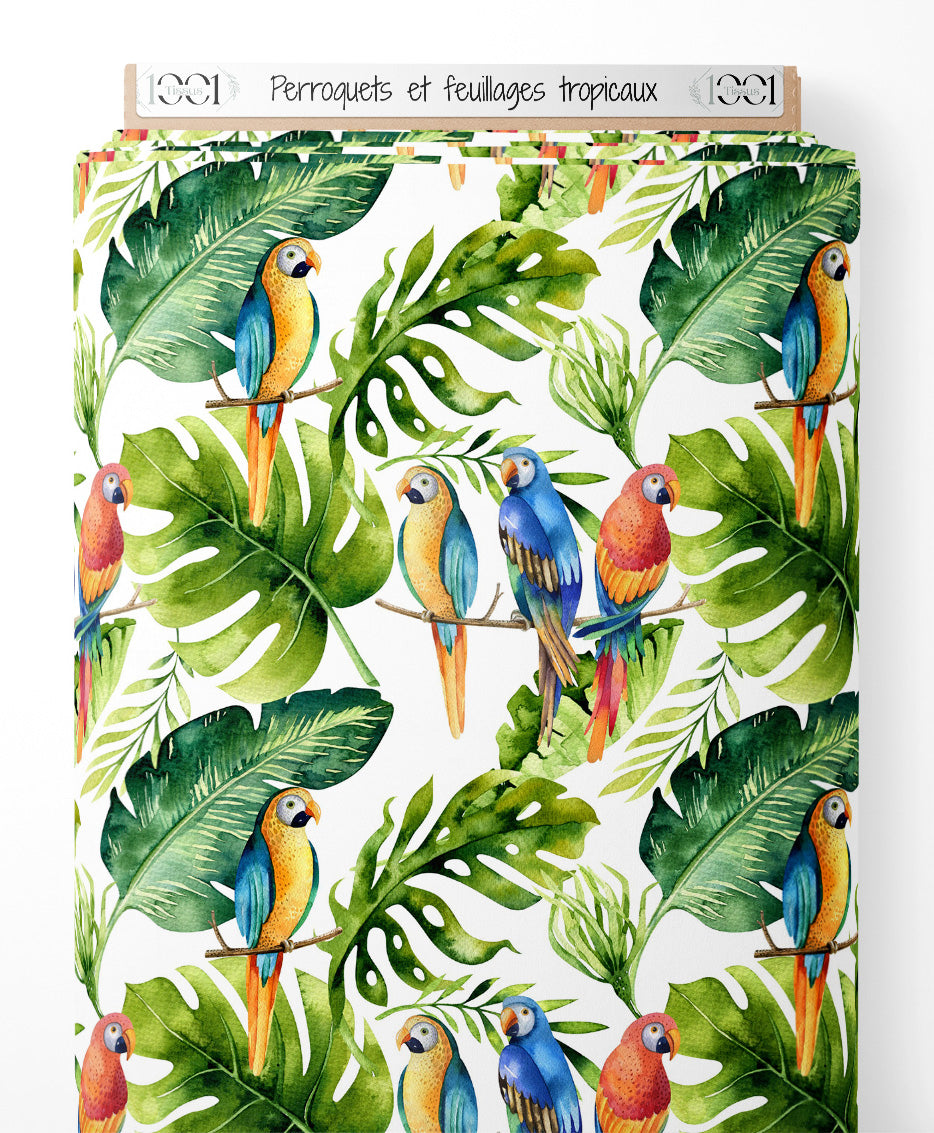 Tissu - Perroquets et feuillages tropicaux