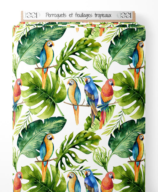 Tissu - Perroquets et feuillages tropicaux