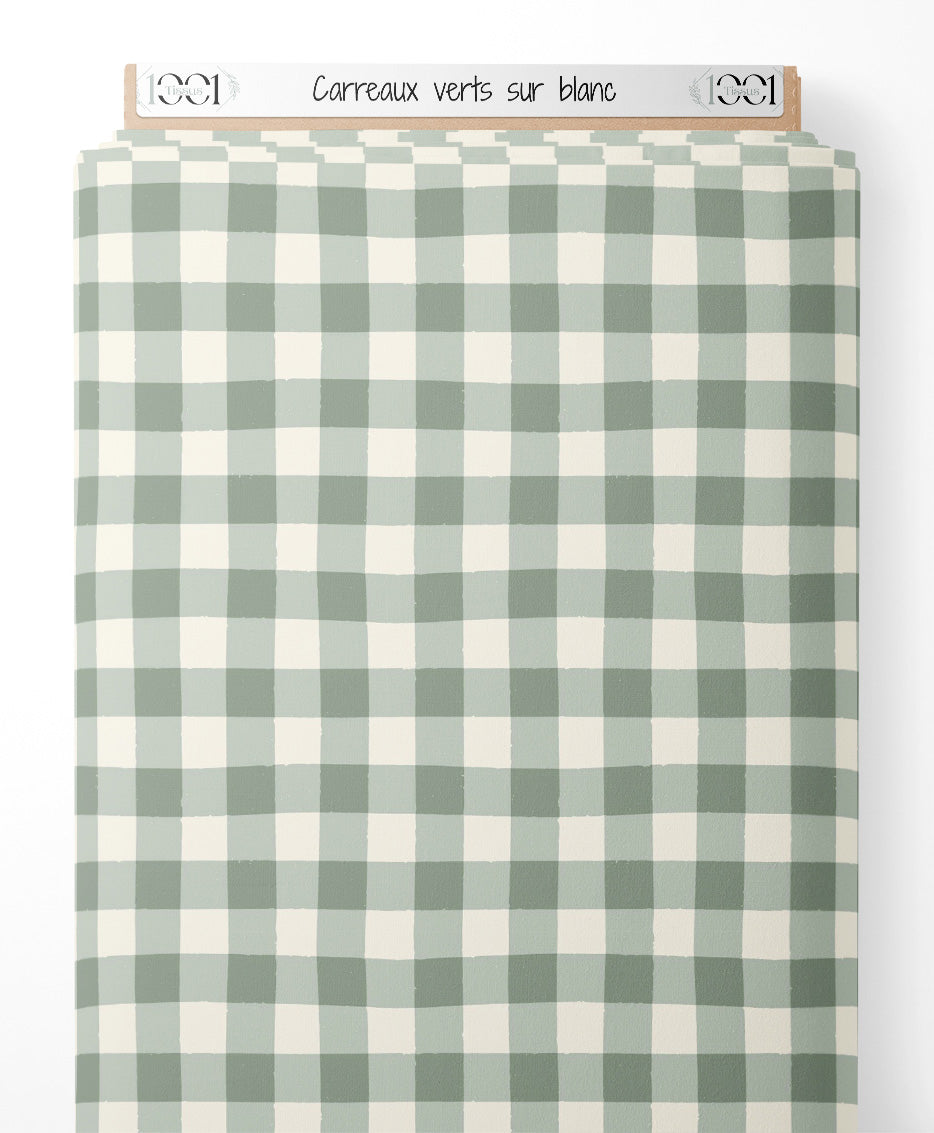 Tissu - Carreaux verts sur blanc