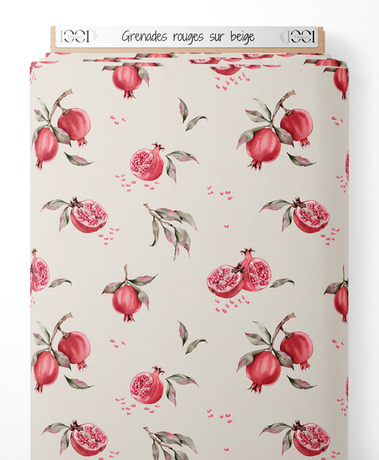 Tissu - Grenades rouges sur beige