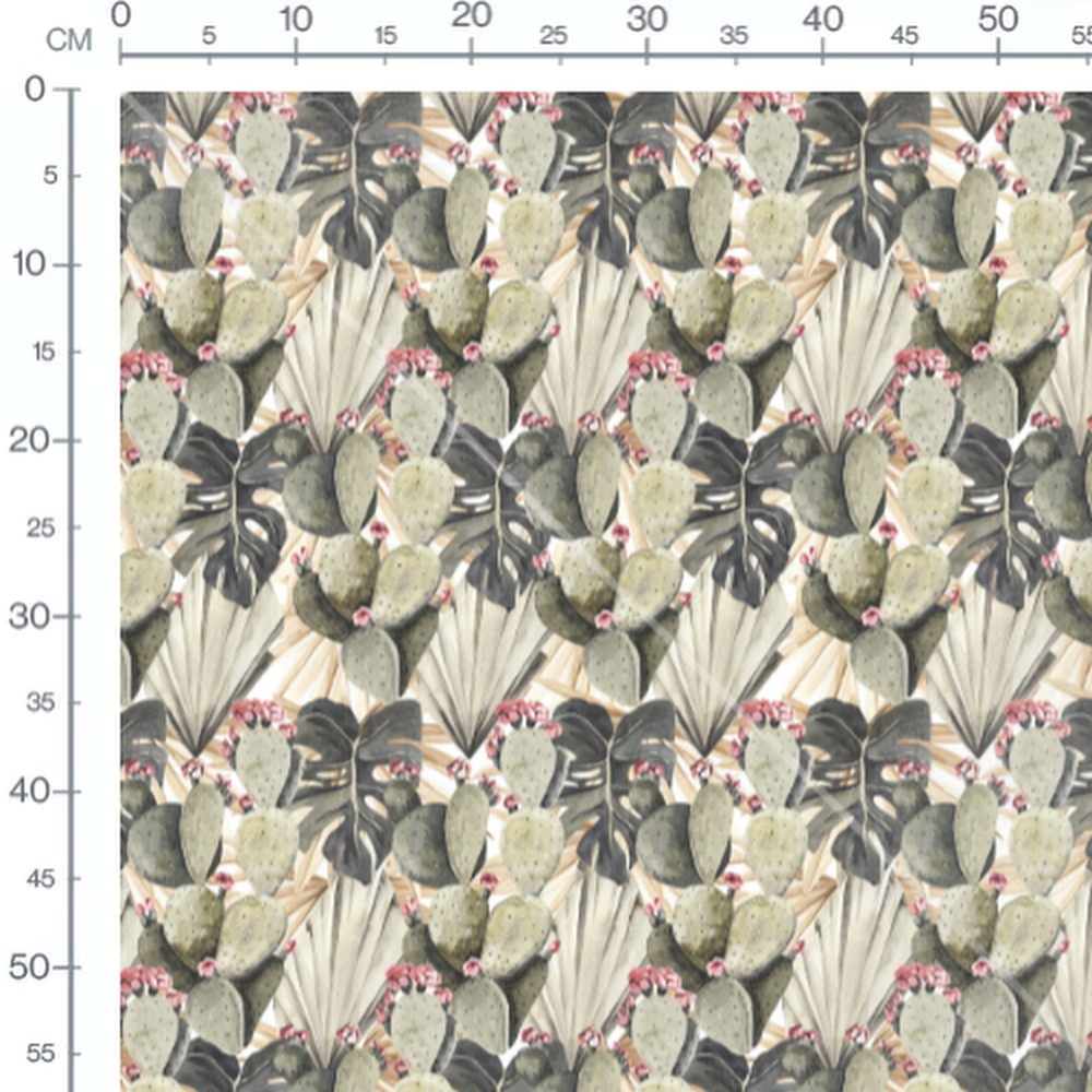 Tissu - Cactus et feuilles tropicales