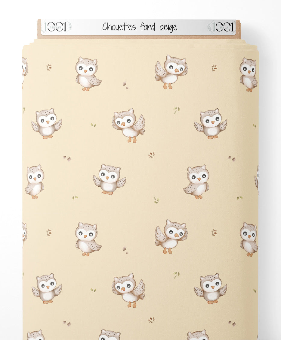 Tissu - Chouettes sur fond beige