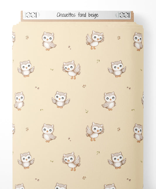Tissu - Chouettes sur fond beige