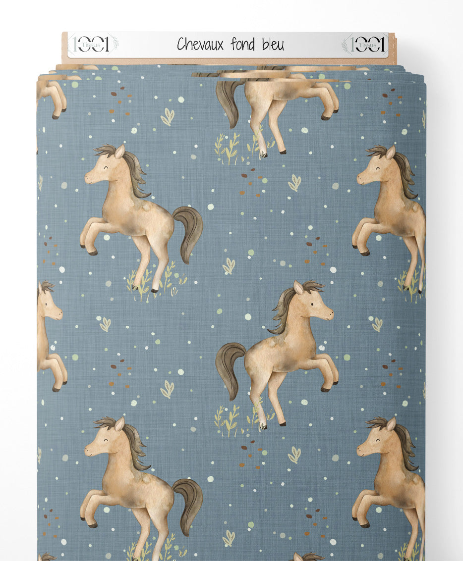 Tissu - Chevaux sur fond bleu