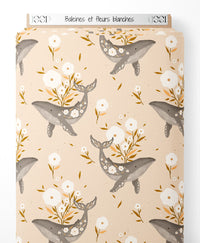 Tissu - Baleines et fleurs blanches