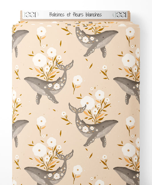 Tissu - Baleines et fleurs blanches