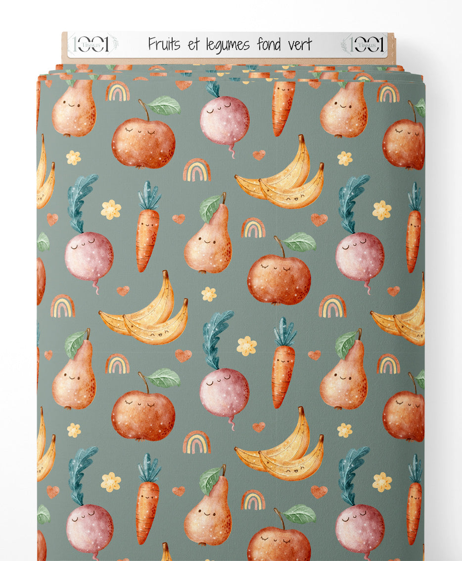 Tissu - Fruits et légumes sur fond vert