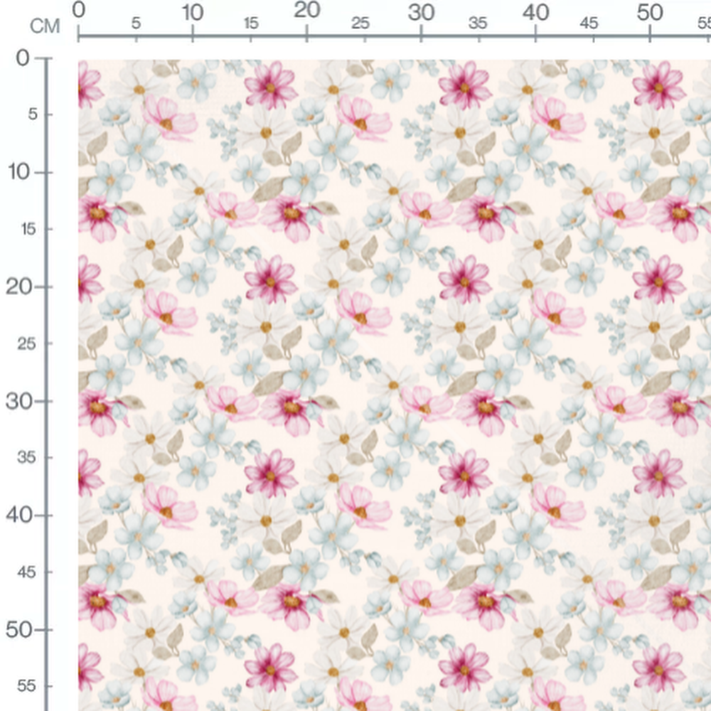 Tissu - Fleurs roses et blanches crème