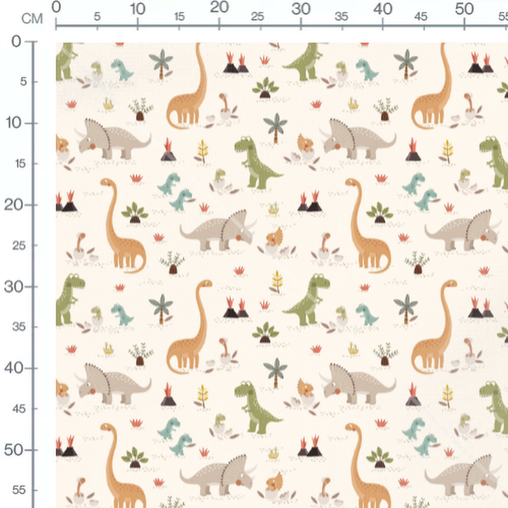 Tissu - Dinosaures et volcans crème