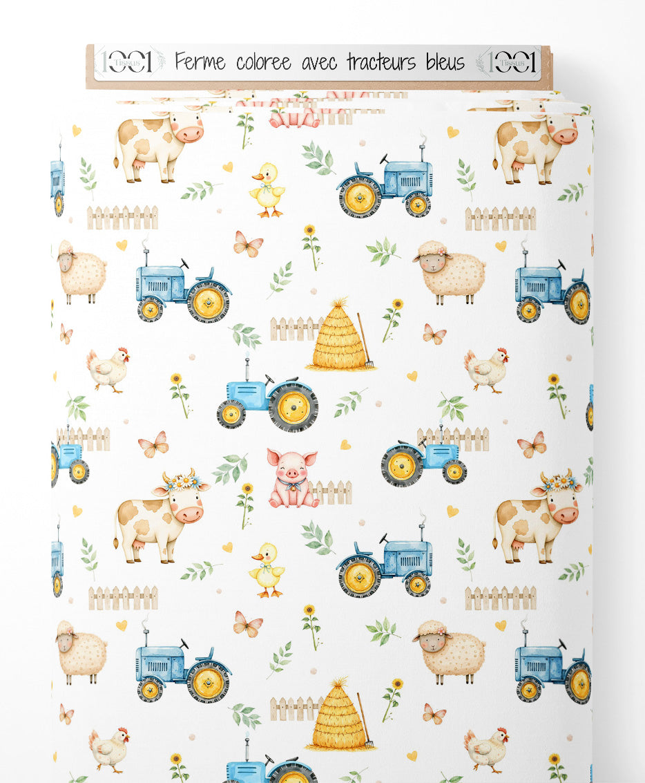 Tissu - Ferme colorée avec tracteurs bleus