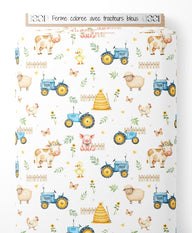 Tissu - Ferme colorée avec tracteurs bleus