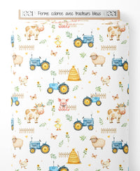 Tissu - Ferme colorée avec tracteurs bleus