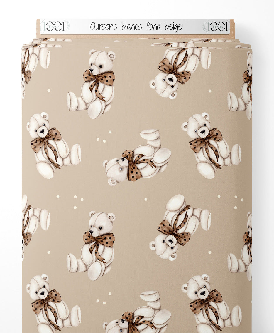 Tissu - Oursons blancs sur fond beige
