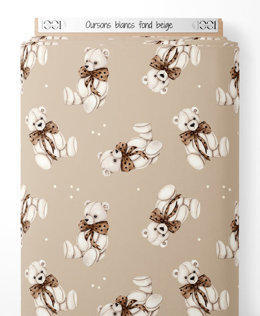 Tissu - Oursons blancs sur fond beige
