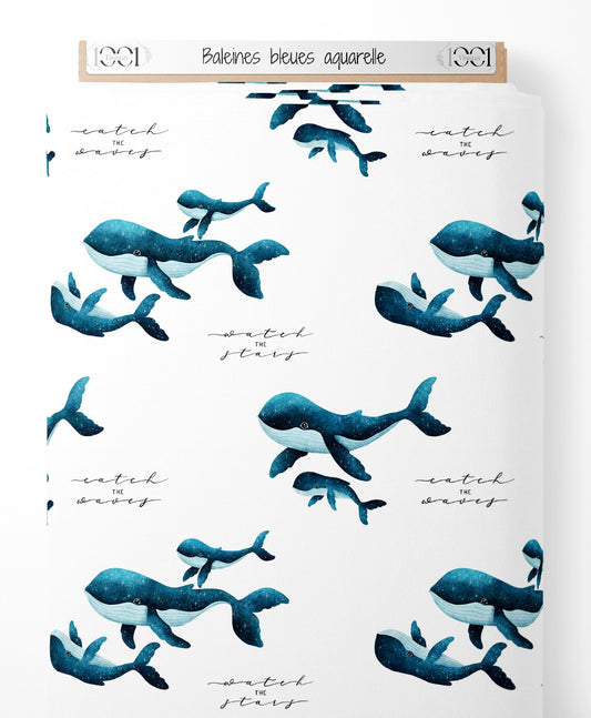 Tissu - Baleines bleues aquarelle