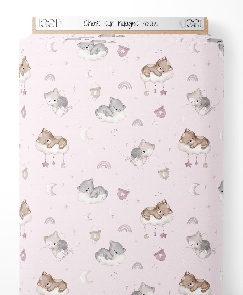 Tissu - Chats sur nuages roses