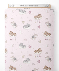 Tissu - Chats sur nuages roses