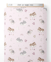 Tissu - Chats sur nuages roses