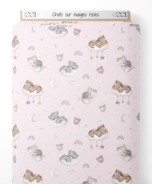 Tissu - Chats sur nuages roses