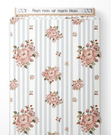 Tissu - Fleurs roses sur rayures bleues