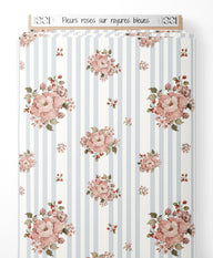 Tissu - Fleurs roses sur rayures bleues